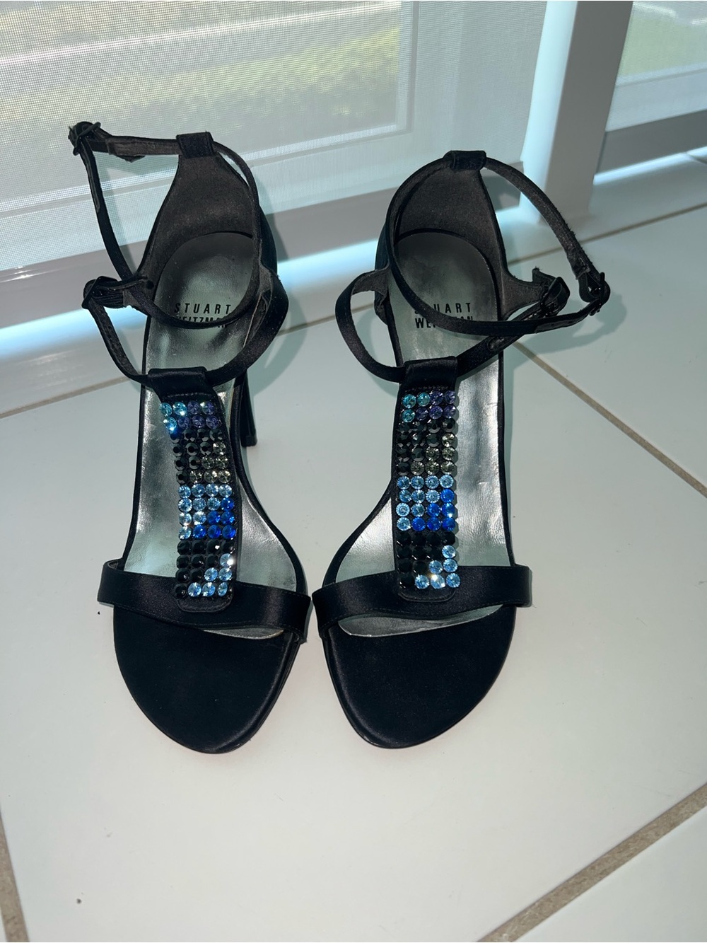 Stuart Weitzman Black Satin T-Strap Heels with Blue Crystal Accents